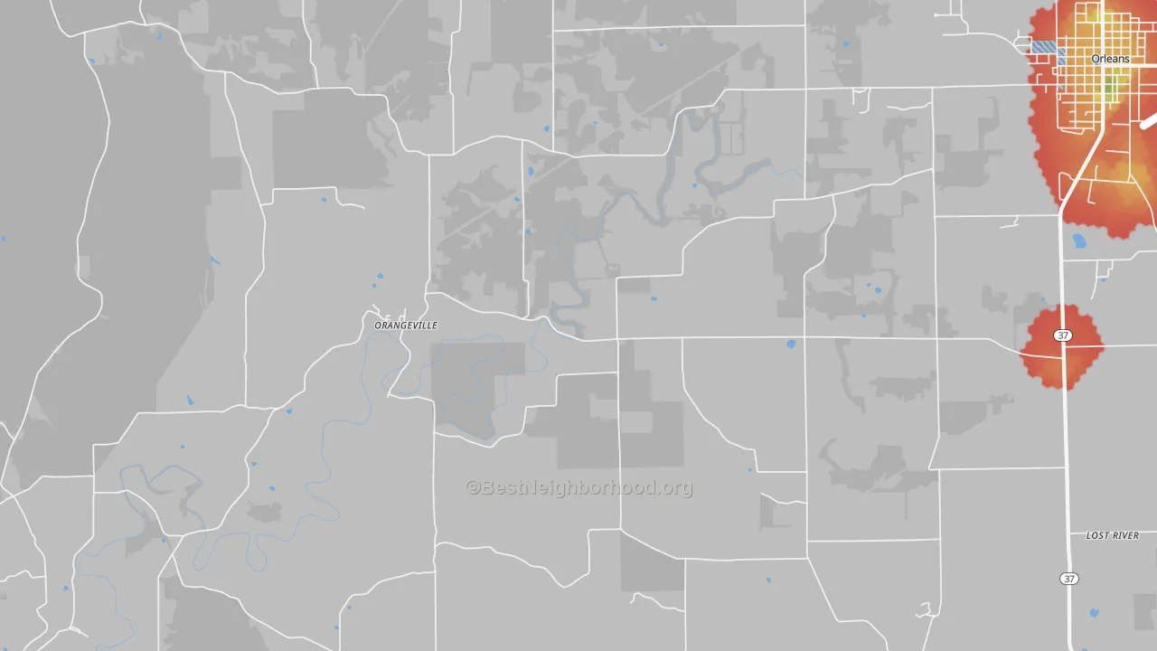 Walk Grade map of Orangeville, IN, walkable areas in green and car-dependent areas in red