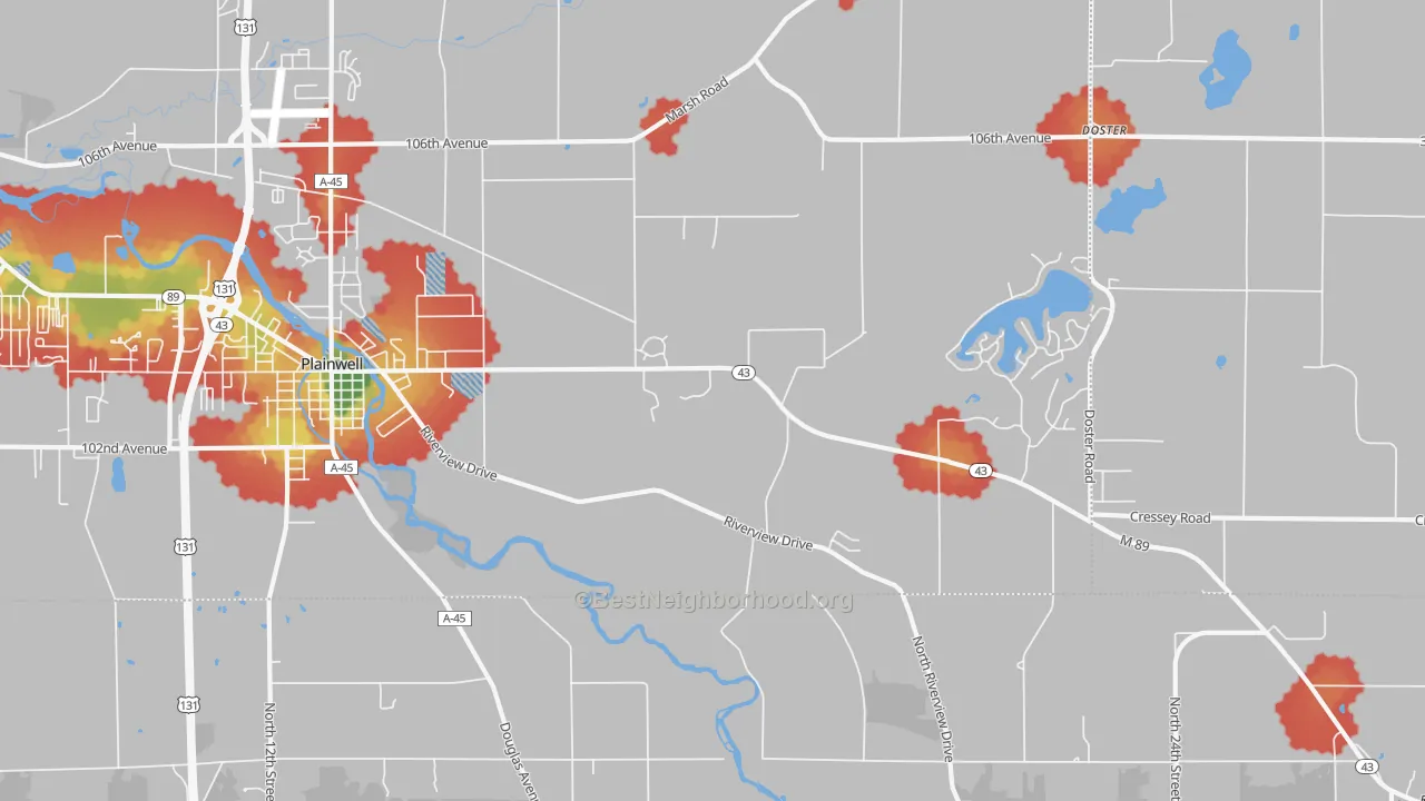 Walk Grade map of Orangeville, MI, walkable areas in green and car-dependent areas in red