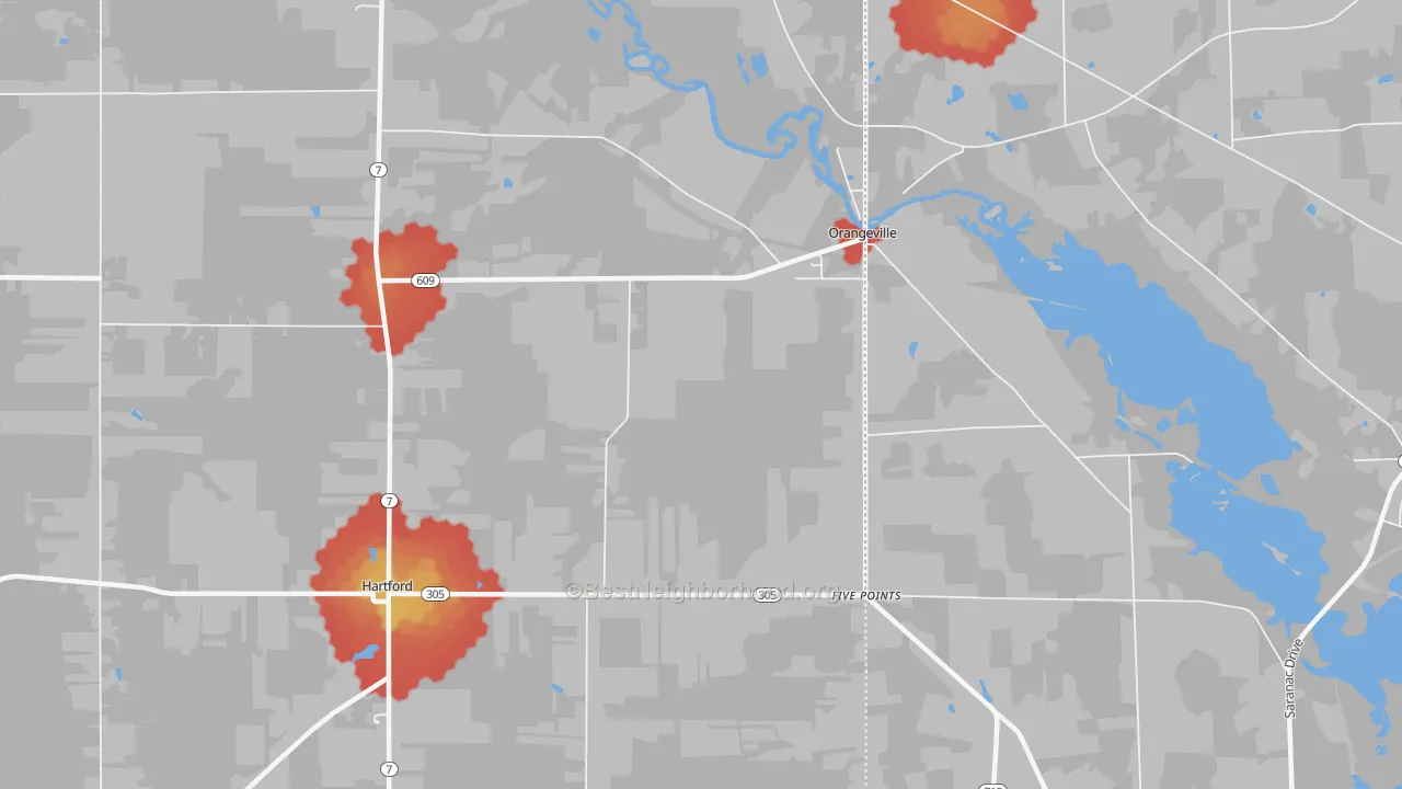 Walk Grade map of Orangeville, OH, walkable areas in green and car-dependent areas in red
