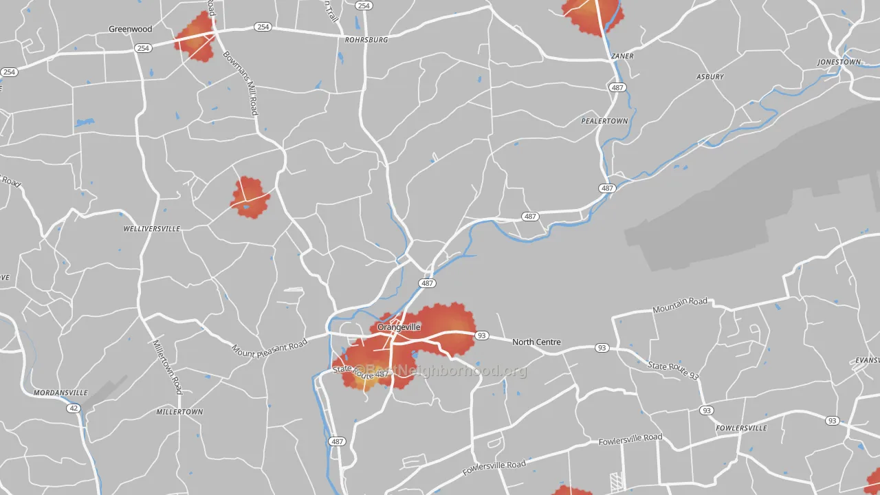 Walk Grade map of Orangeville, PA, walkable areas in green and car-dependent areas in red