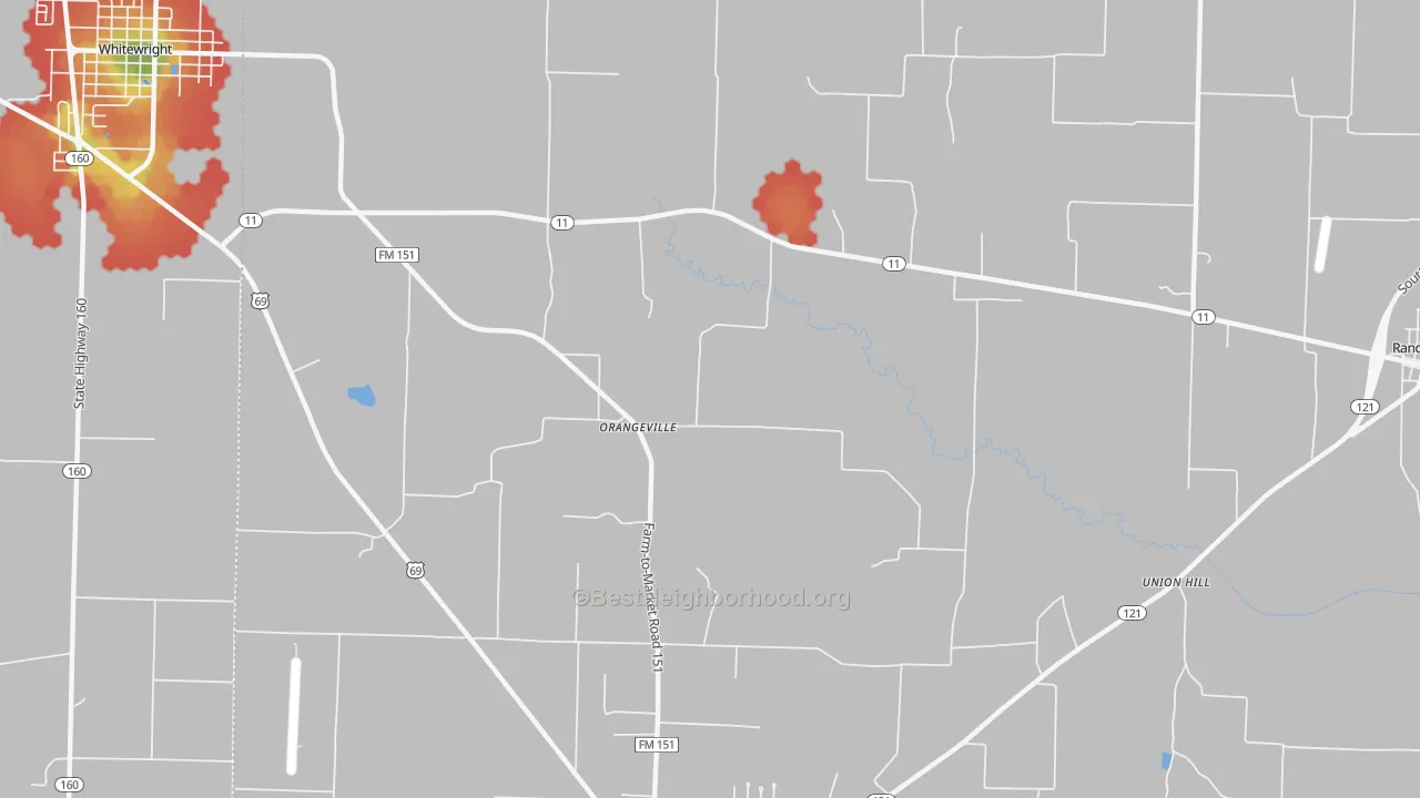 Walk Grade map of Orangeville, TX, walkable areas in green and car-dependent areas in red