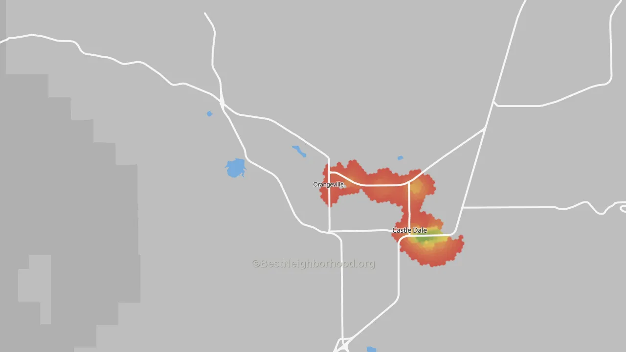 Walk Grade map of Orangeville, UT, walkable areas in green and car-dependent areas in red