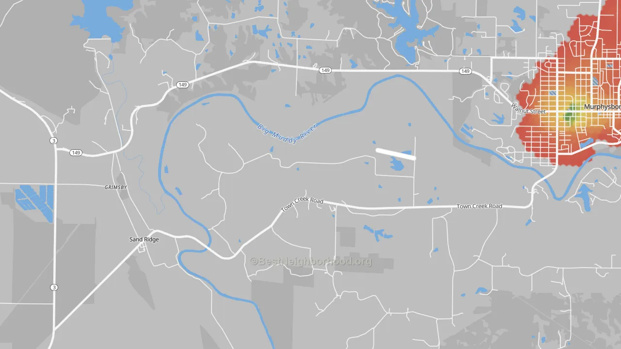 Walk Grade map of Oraville, IL, walkable areas in green and car-dependent areas in red