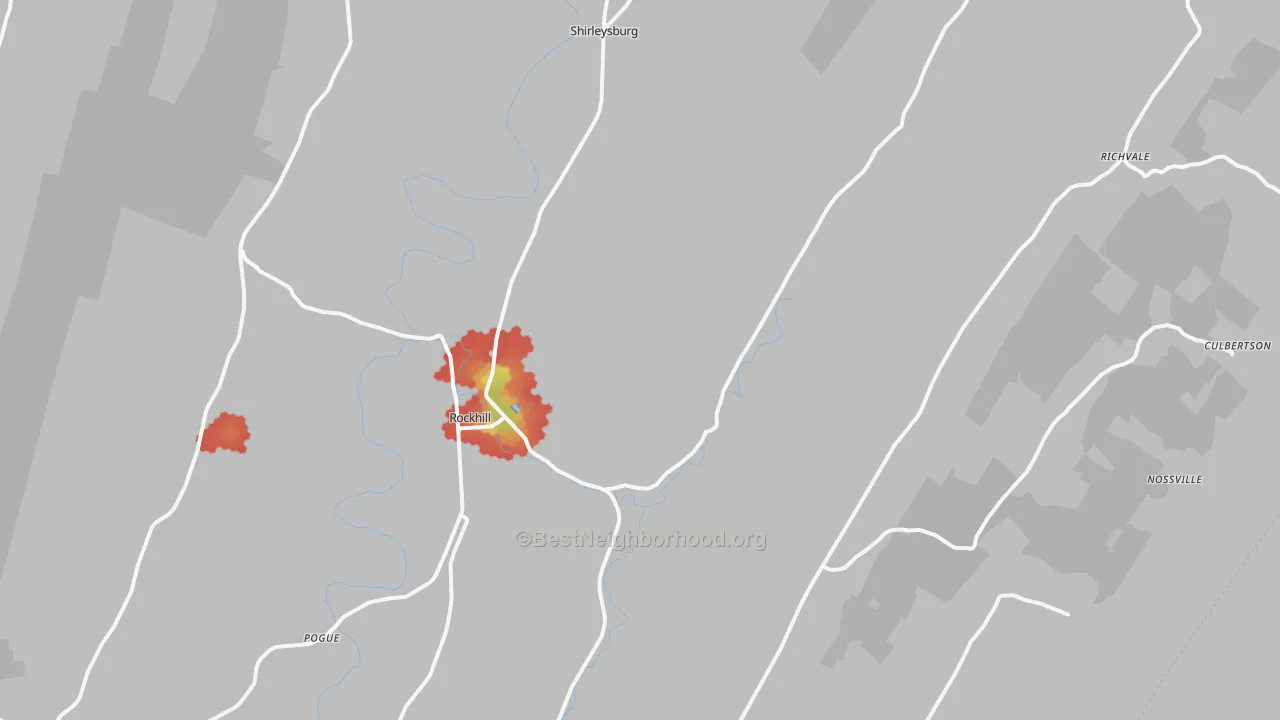 Walk Grade map of Orbisonia, PA, walkable areas in green and car-dependent areas in red