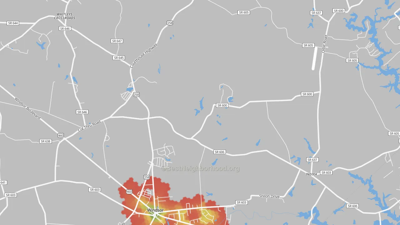 Walk Grade map of Orbit, VA, walkable areas in green and car-dependent areas in red