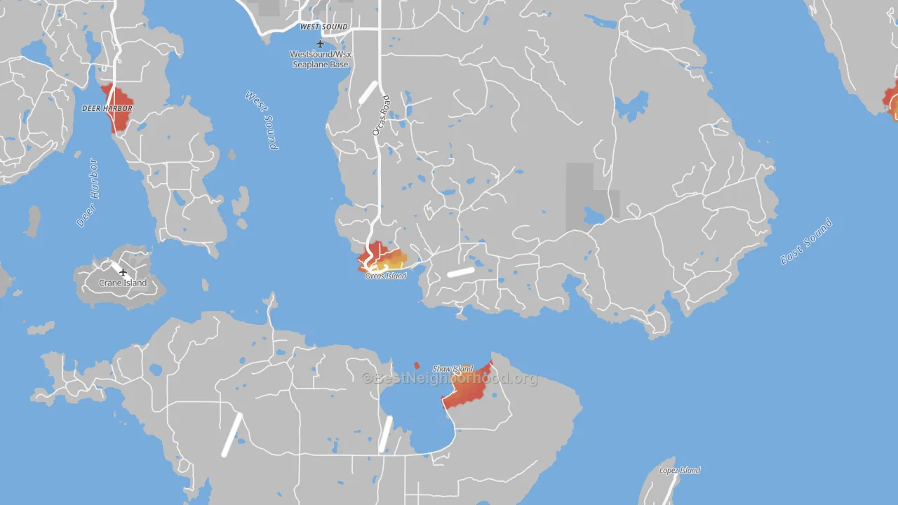 Walk Grade map of Orcas, WA, walkable areas in green and car-dependent areas in red