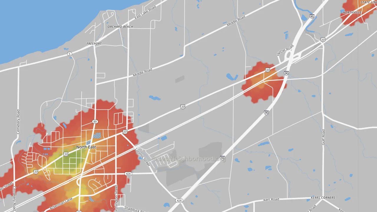 Walk Grade map of Orchard Beach, PA, walkable areas in green and car-dependent areas in red