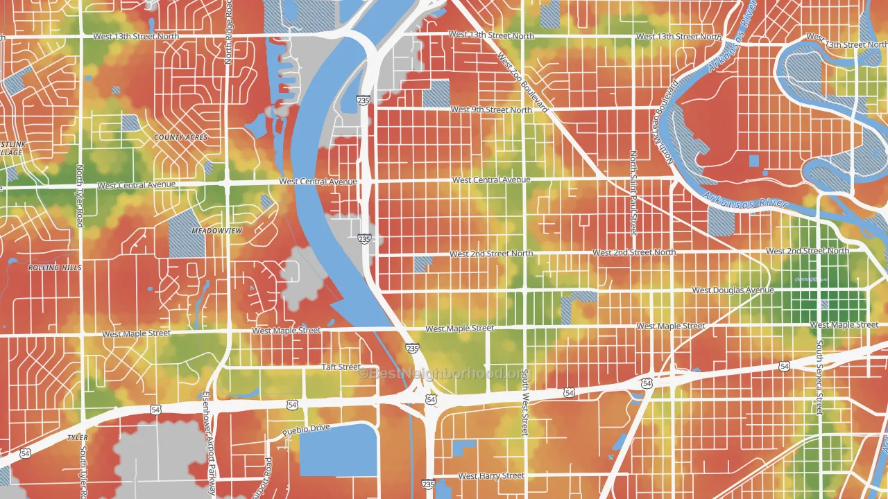 Walk Grade map of Orchard Breeze, Wichita, KS, walkable areas in green and car-dependent areas in red