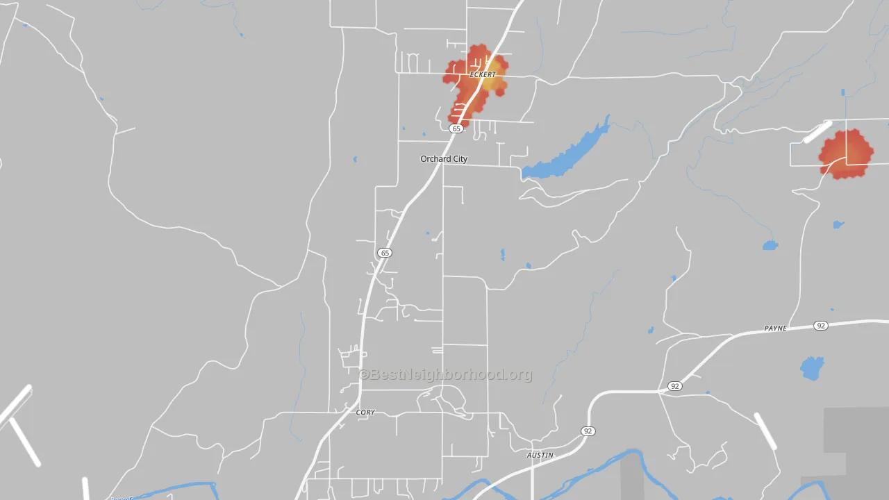 Walk Grade map of Orchard City, CO, walkable areas in green and car-dependent areas in red