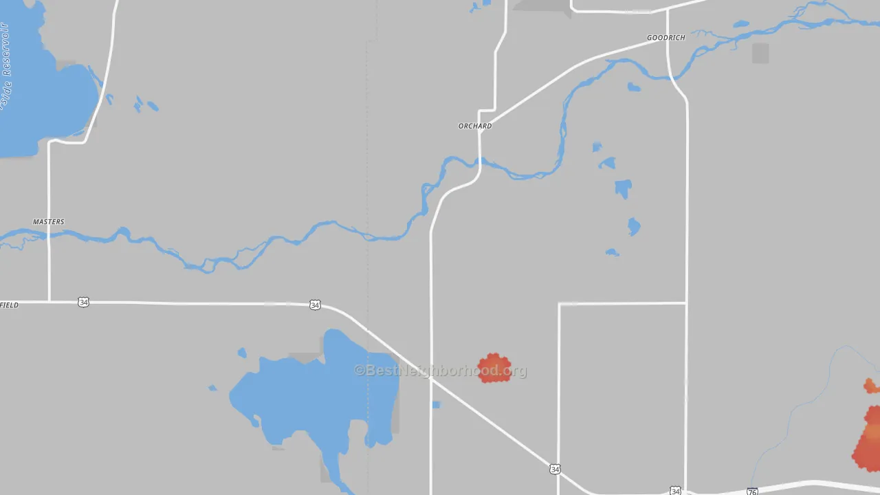 Walk Grade map of Orchard, CO, walkable areas in green and car-dependent areas in red