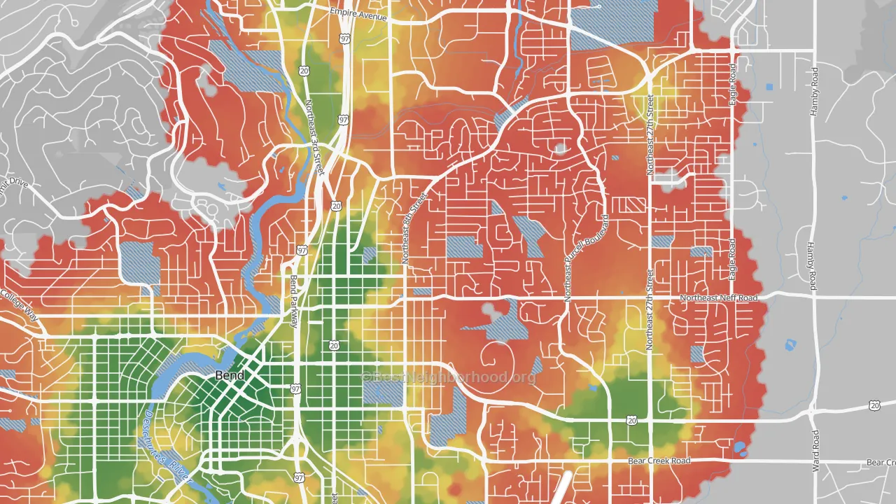 Walk Grade map of Orchard District, Bend, OR, walkable areas in green and car-dependent areas in red
