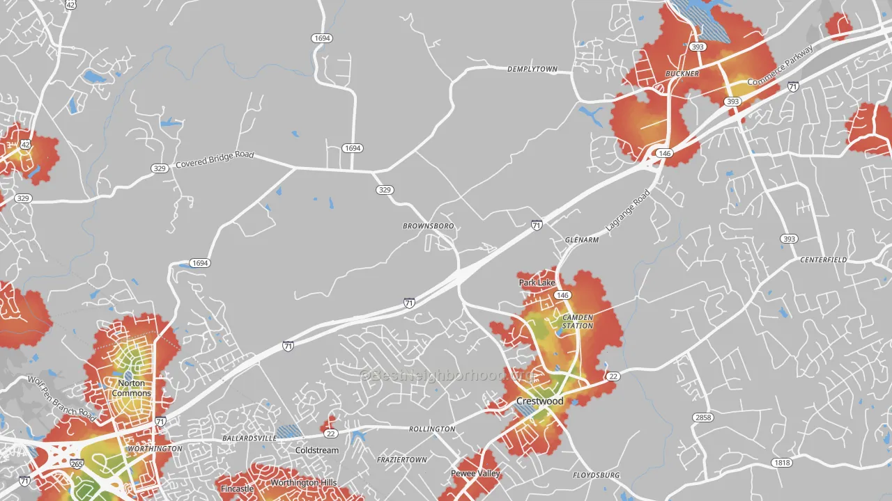 Walk Grade map of Orchard Grass Hills, KY, walkable areas in green and car-dependent areas in red
