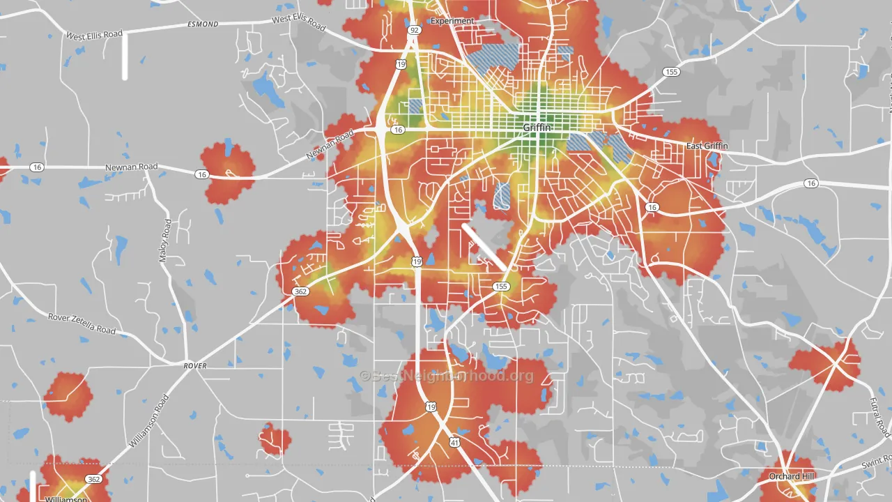 Walk Grade map of Orchard Hill, GA, walkable areas in green and car-dependent areas in red