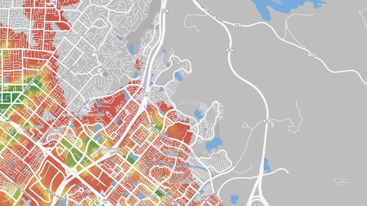 Walk Grade map of Orchard Hills, Irvine, CA, walkable areas in green and car-dependent areas in red