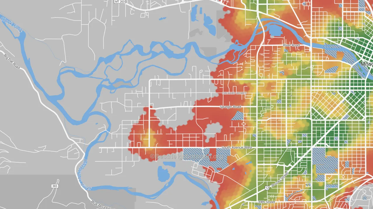 Walk Grade map of Orchard Homes, MT, walkable areas in green and car-dependent areas in red