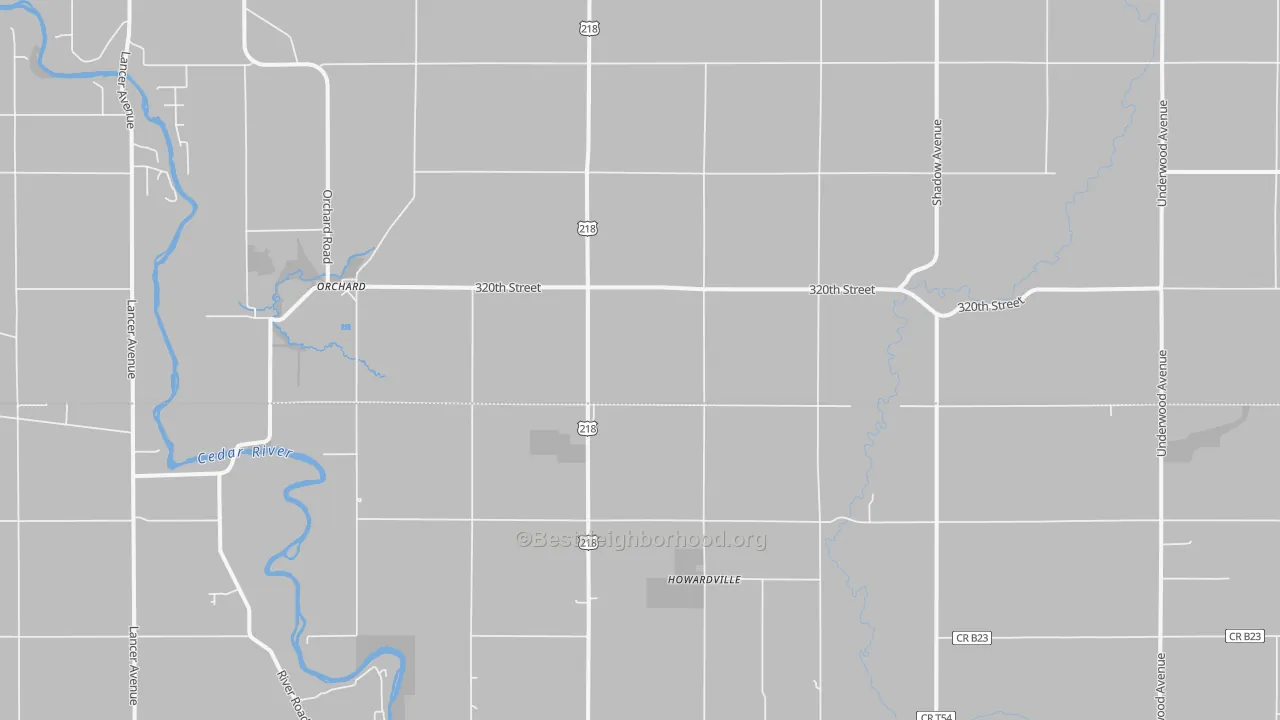 Walk Grade map of Orchard, IA, walkable areas in green and car-dependent areas in red