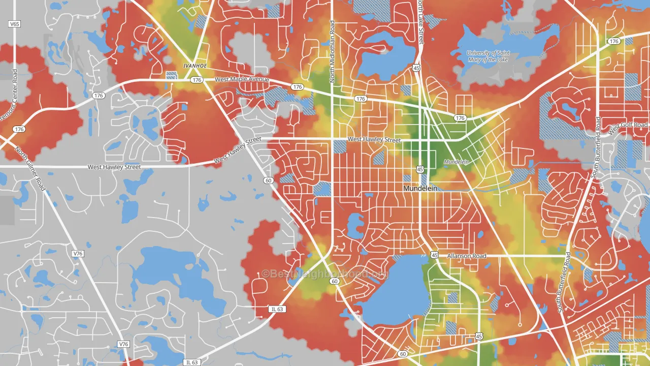 Walk Grade map of Orchard Meadows, Mundelein, IL, walkable areas in green and car-dependent areas in red