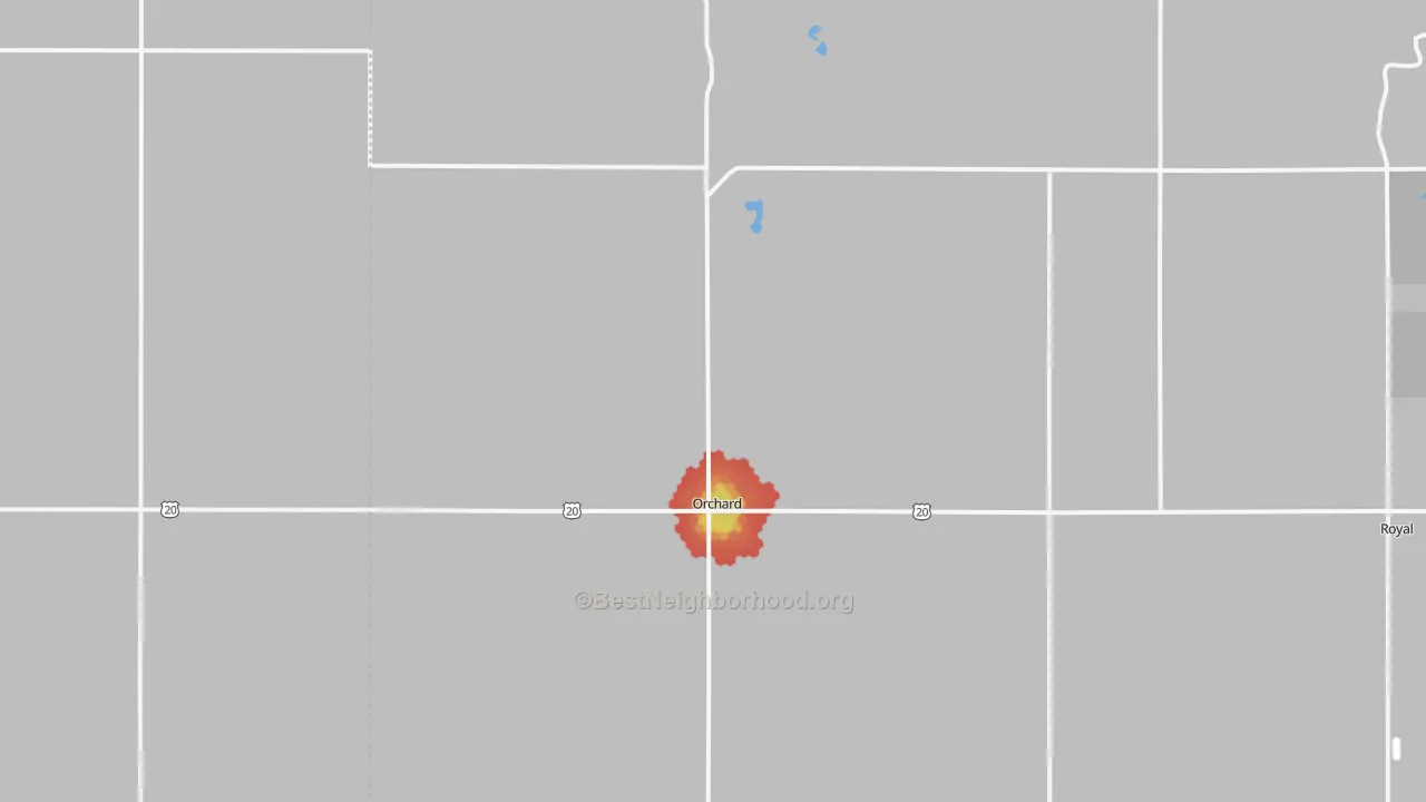 Walk Grade map of Orchard, NE, walkable areas in green and car-dependent areas in red