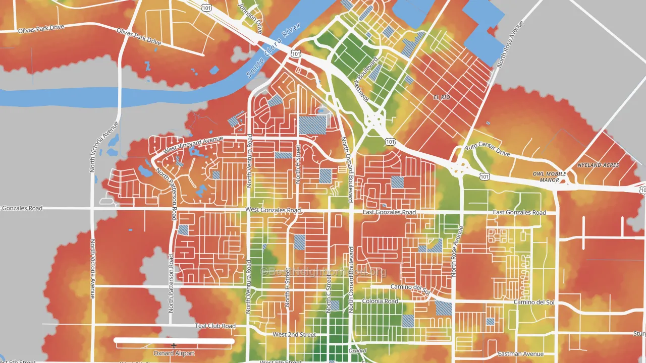 Walk Grade map of Orchard, Oxnard, CA, walkable areas in green and car-dependent areas in red