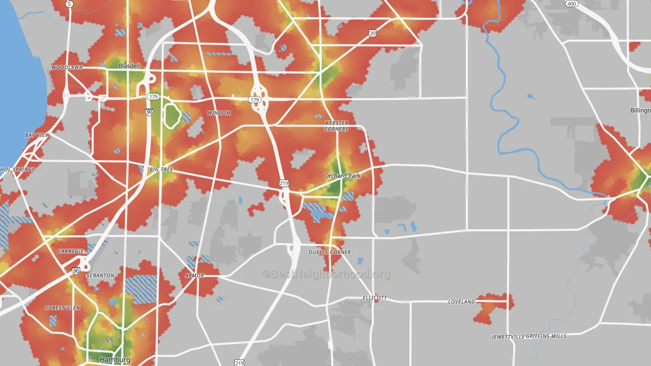 Walk Grade map of Orchard Park, NY, walkable areas in green and car-dependent areas in red