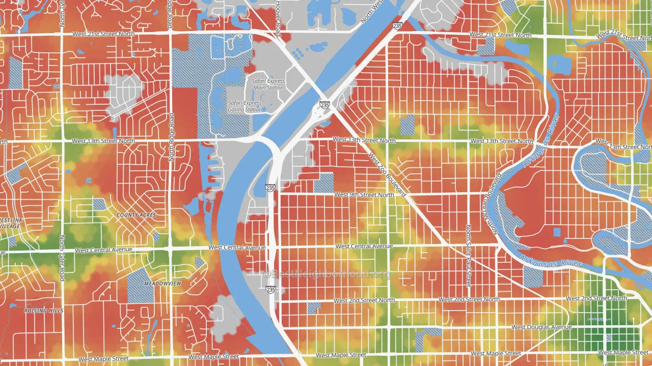 Walk Grade map of Orchard Park, Wichita, KS, walkable areas in green and car-dependent areas in red