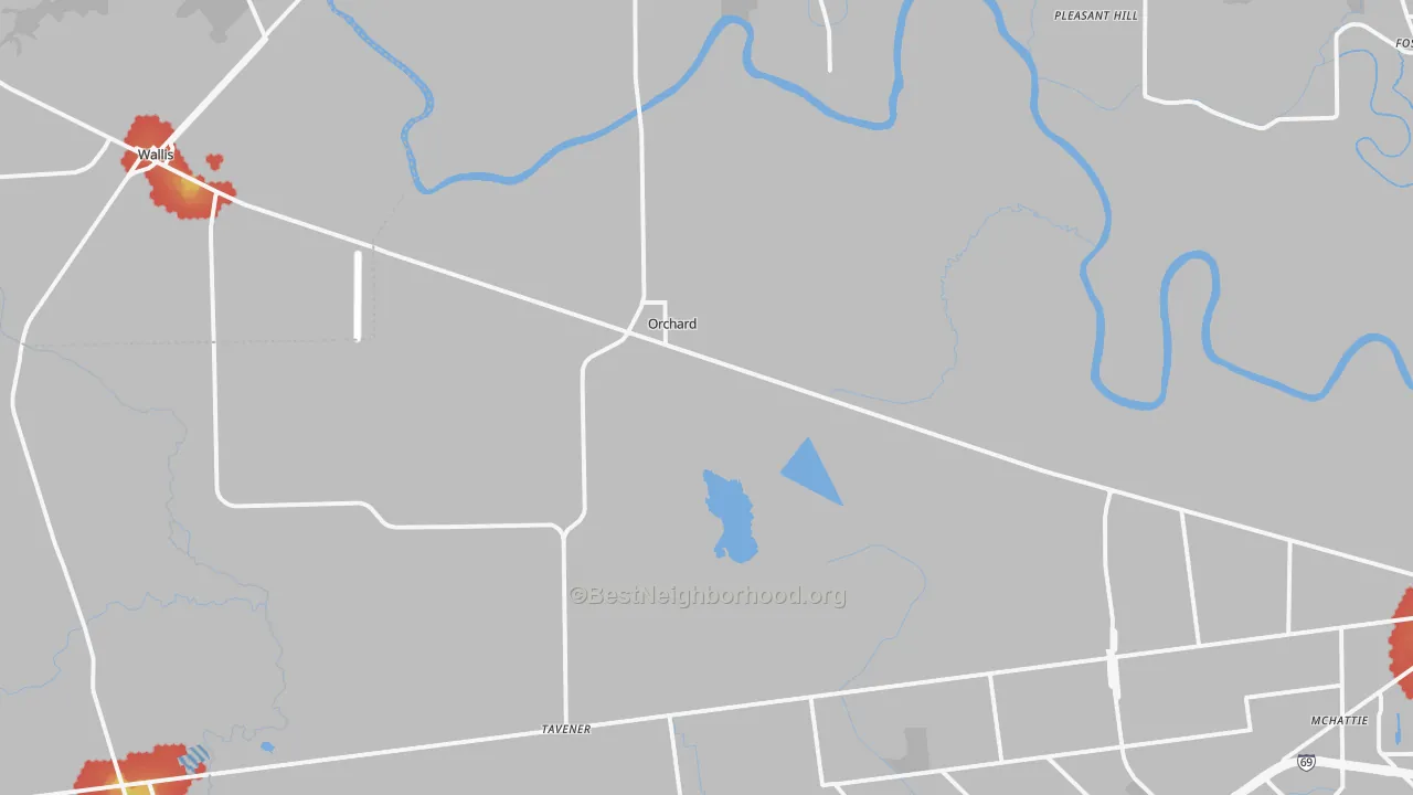 Walk Grade map of Orchard, TX, walkable areas in green and car-dependent areas in red