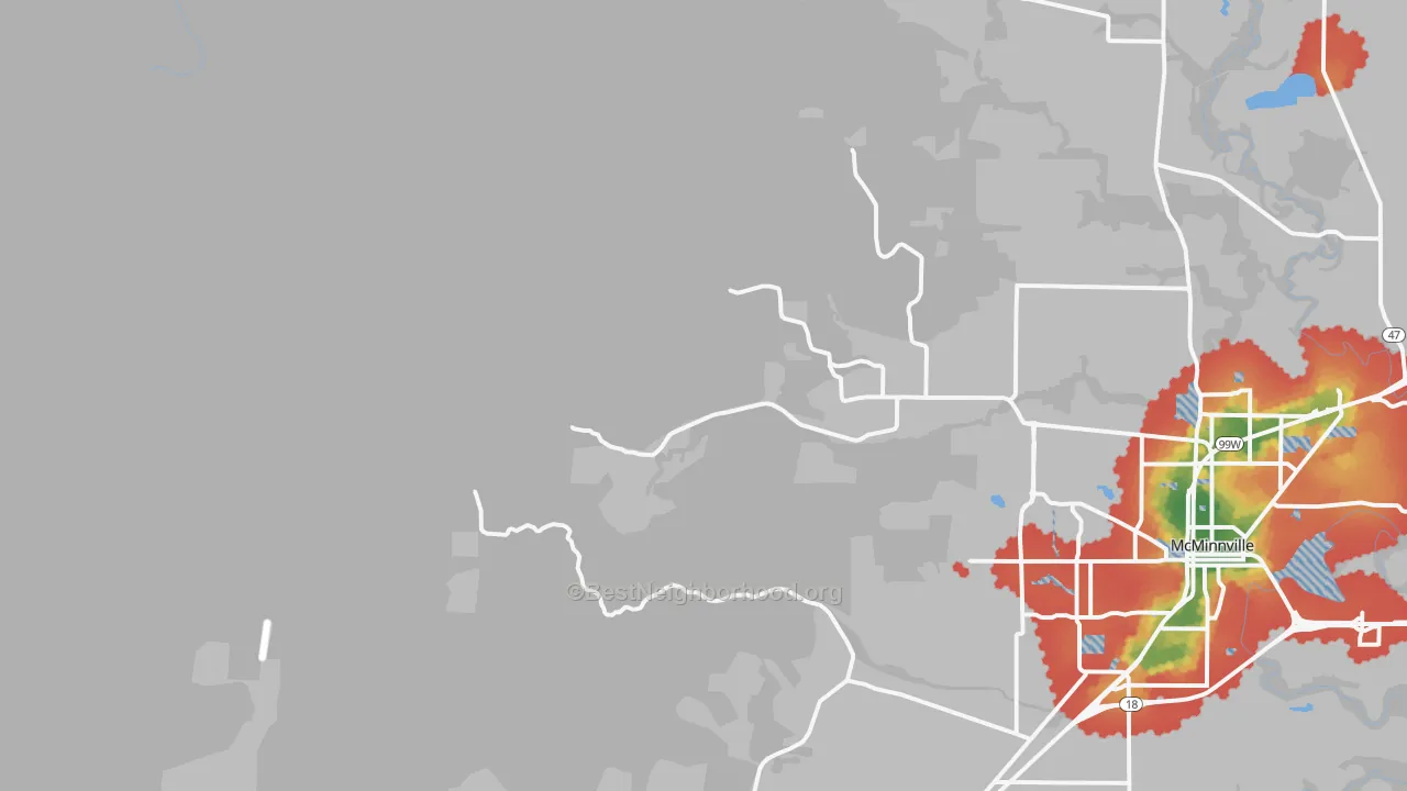 Walk Grade map of Orchard View, OR, walkable areas in green and car-dependent areas in red