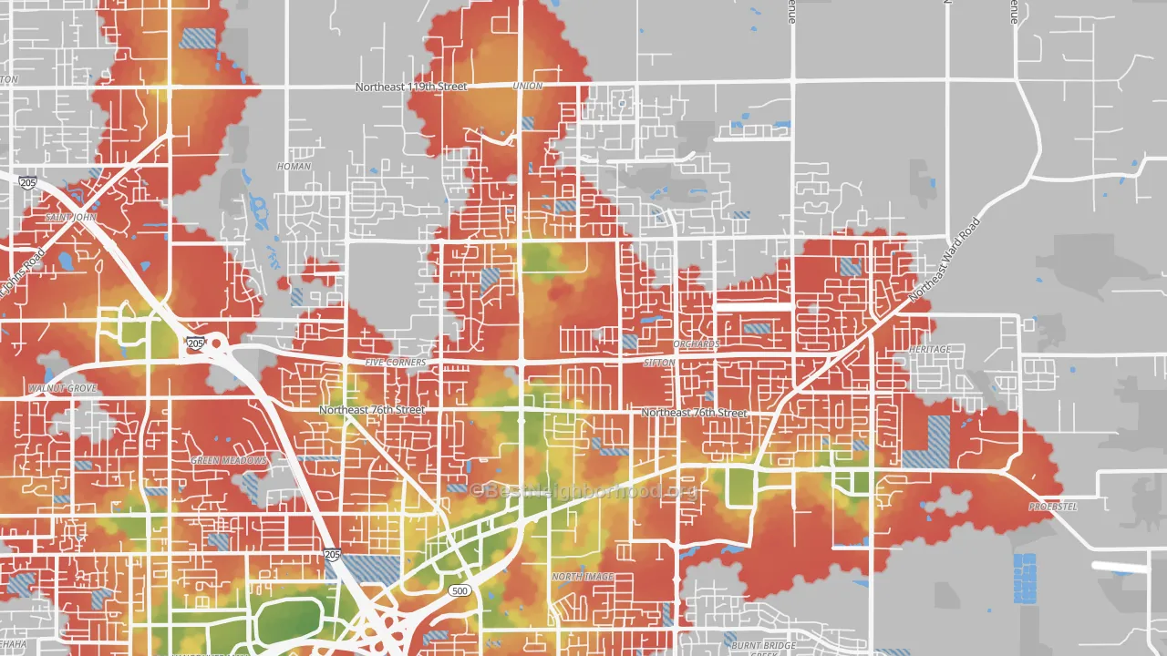 Walk Grade map of Orchards Area, Orchards, WA, walkable areas in green and car-dependent areas in red
