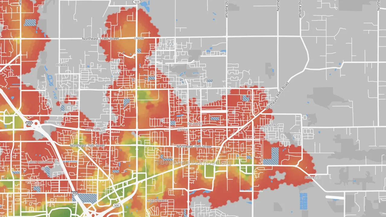 Walk Grade map of Orchards, WA, walkable areas in green and car-dependent areas in red