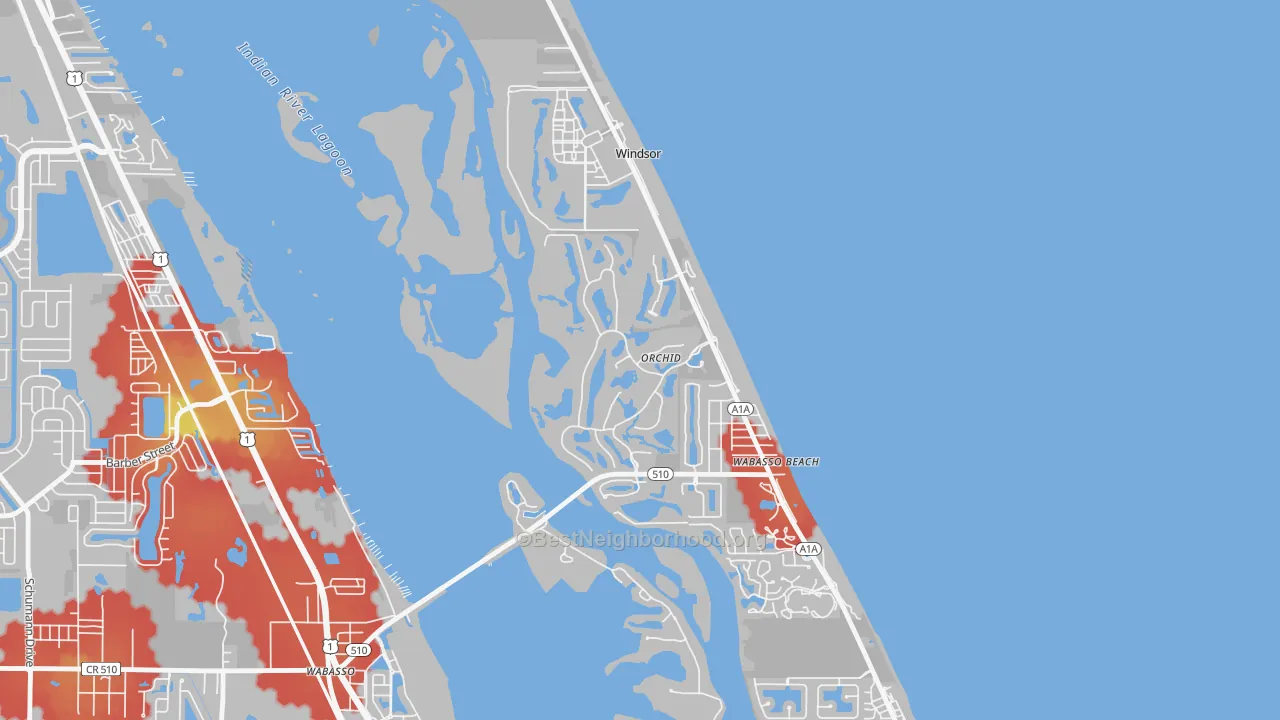 Walk Grade map of Orchid, FL, walkable areas in green and car-dependent areas in red