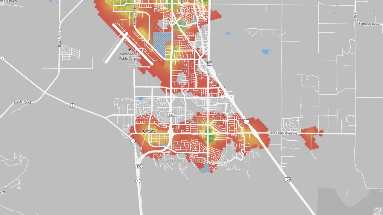 Walk Grade map of Orcutt, CA, walkable areas in green and car-dependent areas in red