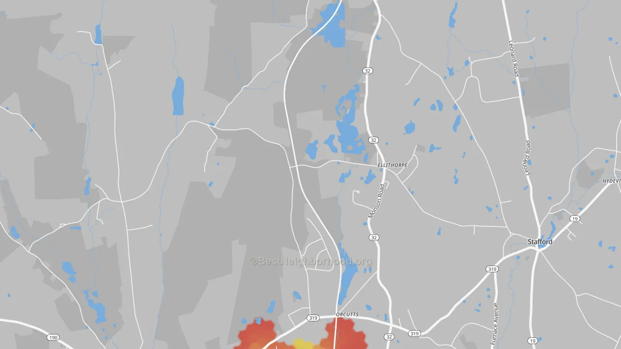 Walk Grade map of Orcutts, CT, walkable areas in green and car-dependent areas in red