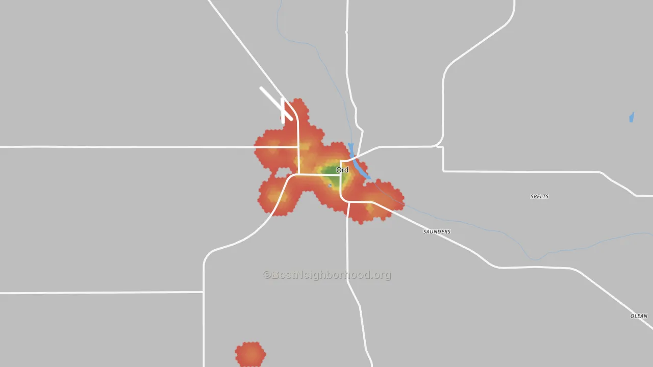 Walk Grade map of Ord, NE, walkable areas in green and car-dependent areas in red
