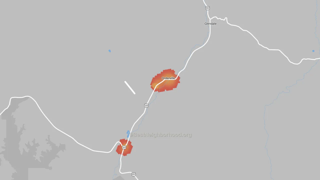 Walk Grade map of Orderville, UT, walkable areas in green and car-dependent areas in red