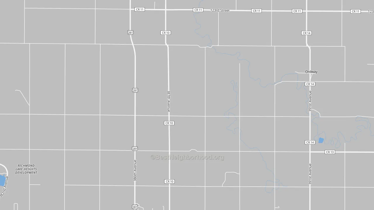 Walk Grade map of Ordway, SD, walkable areas in green and car-dependent areas in red