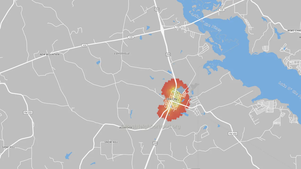 Walk Grade map of Ore City, TX, walkable areas in green and car-dependent areas in red