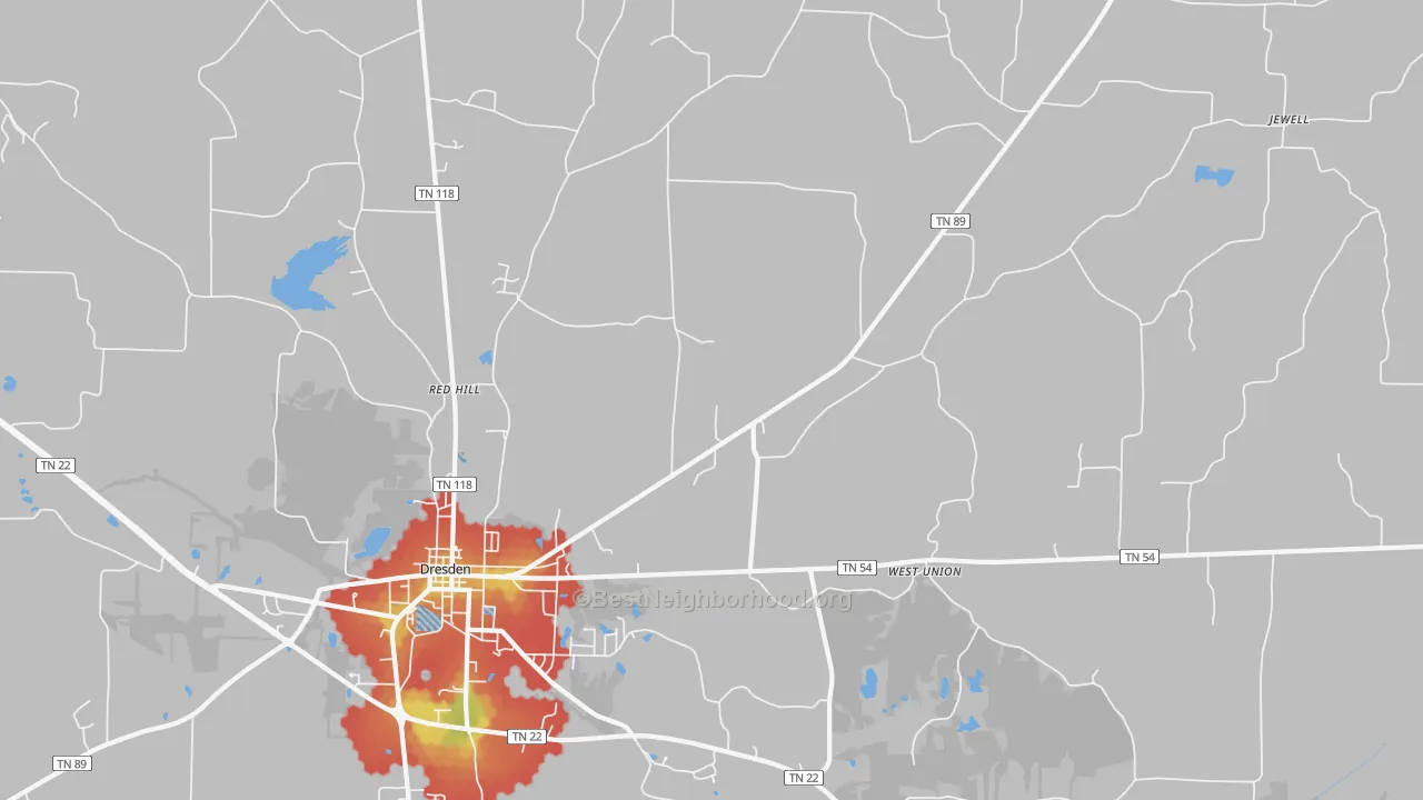 Walk Grade map of Ore Spring, TN, walkable areas in green and car-dependent areas in red