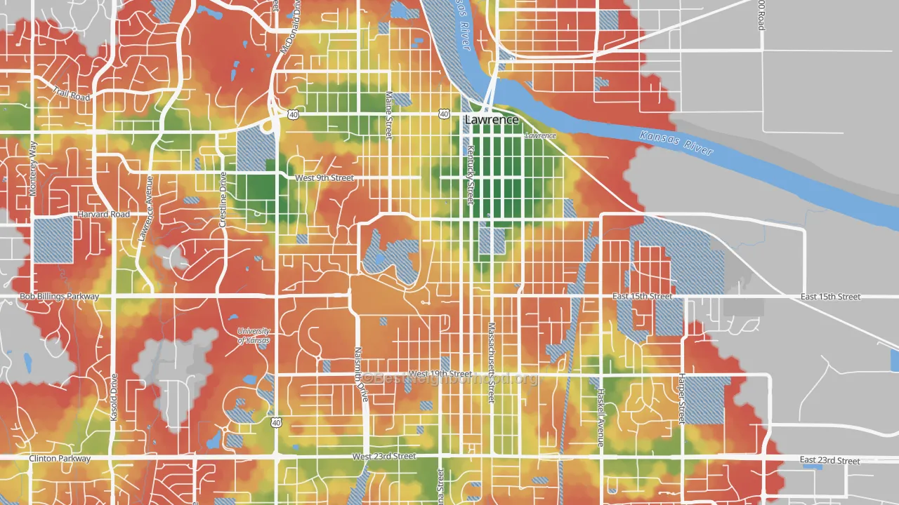 Walk Grade map of Oread, Lawrence, KS, walkable areas in green and car-dependent areas in red