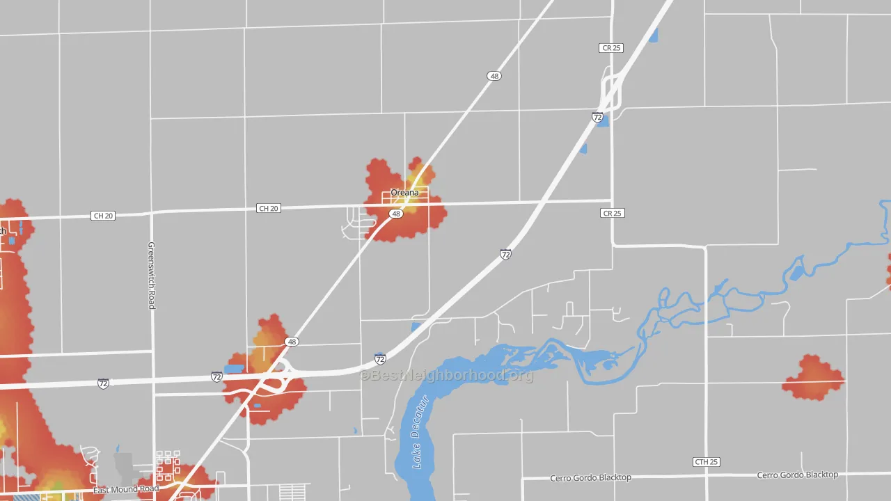 Walk Grade map of Oreana, IL, walkable areas in green and car-dependent areas in red