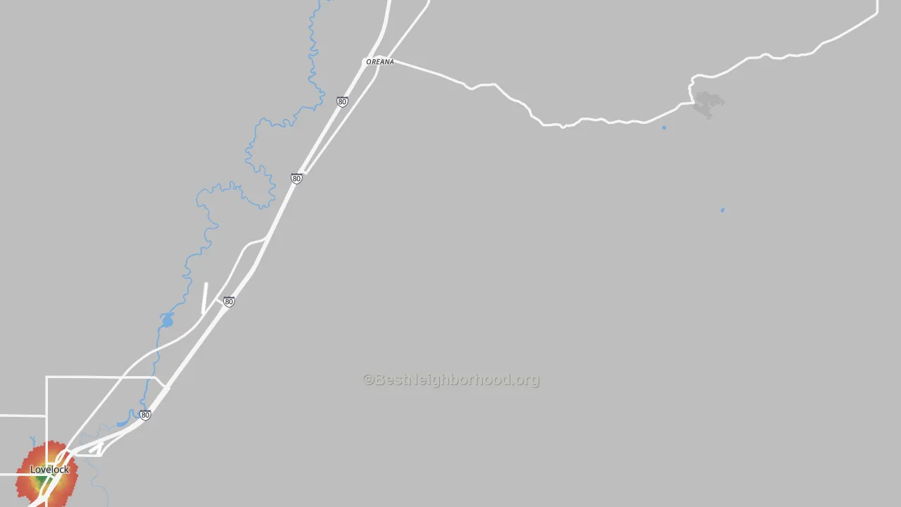 Walk Grade map of Oreana, NV, walkable areas in green and car-dependent areas in red