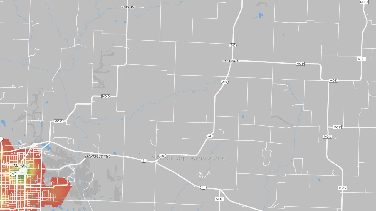 Walk Grade map of Orearville, MO, walkable areas in green and car-dependent areas in red
