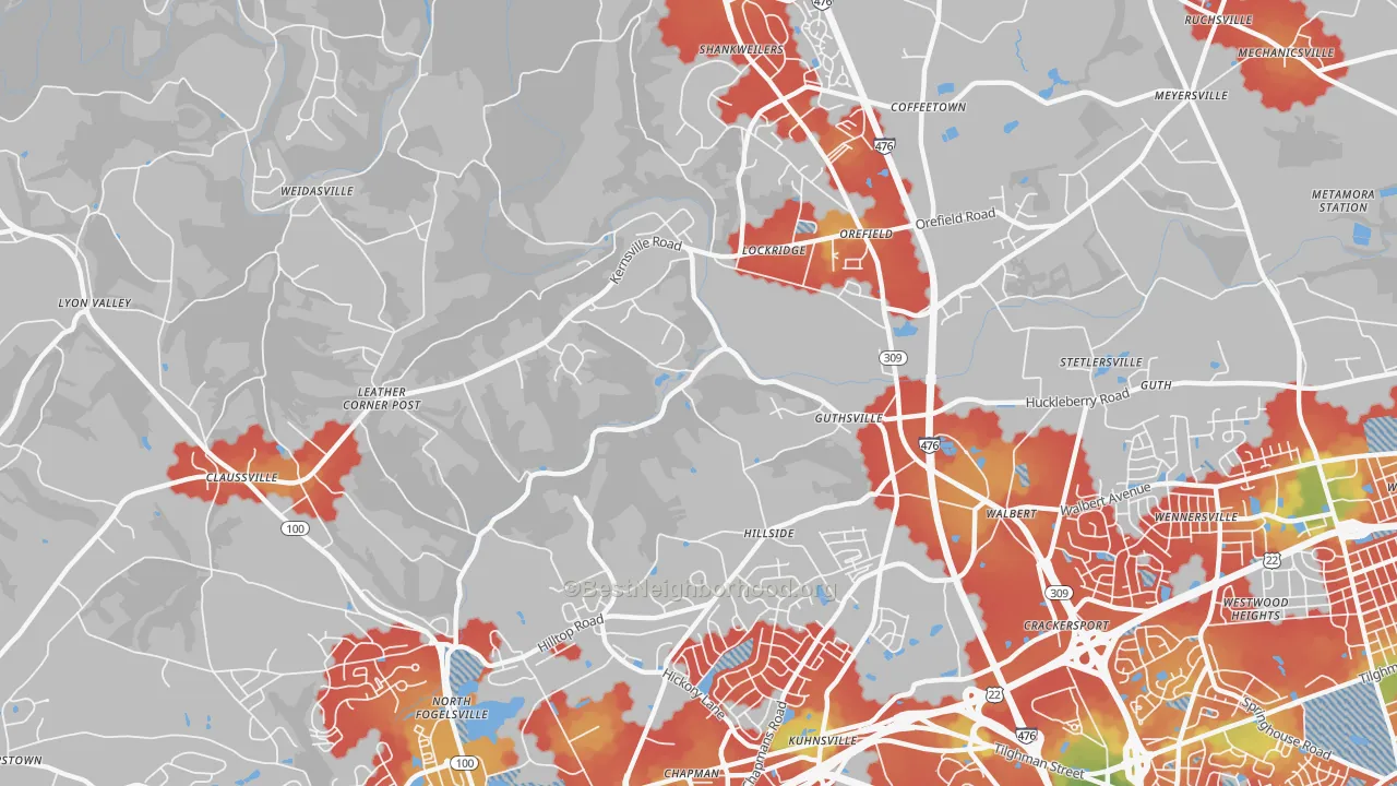 Walk Grade map of Orefield, PA, walkable areas in green and car-dependent areas in red
