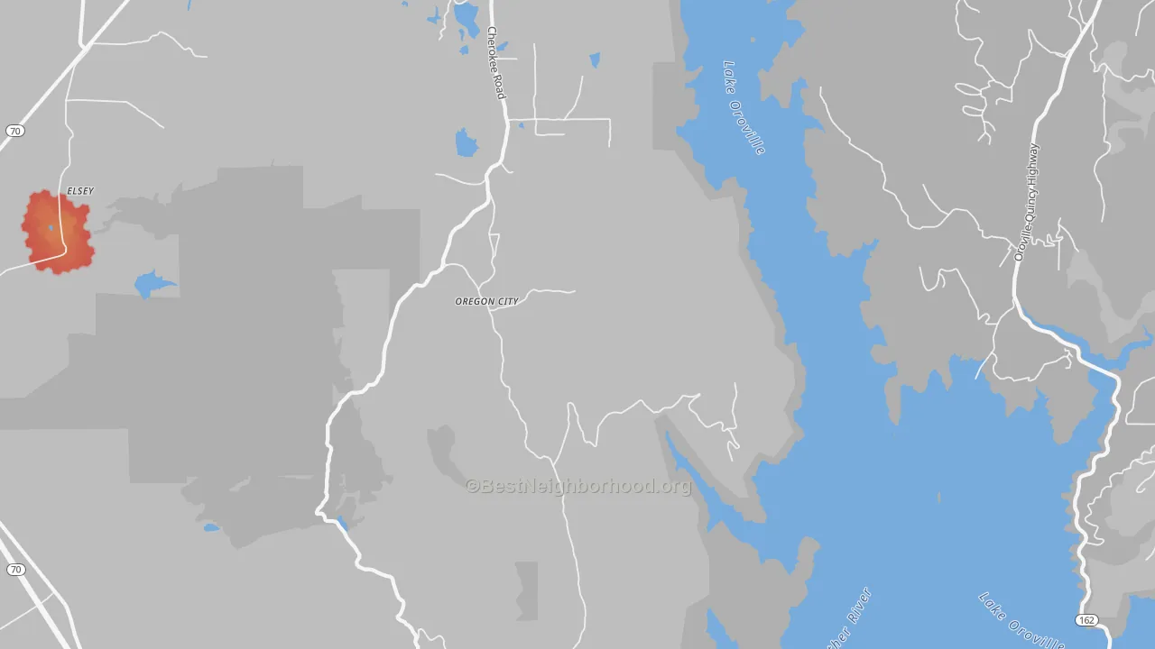 Walk Grade map of Oregon City, CA, walkable areas in green and car-dependent areas in red