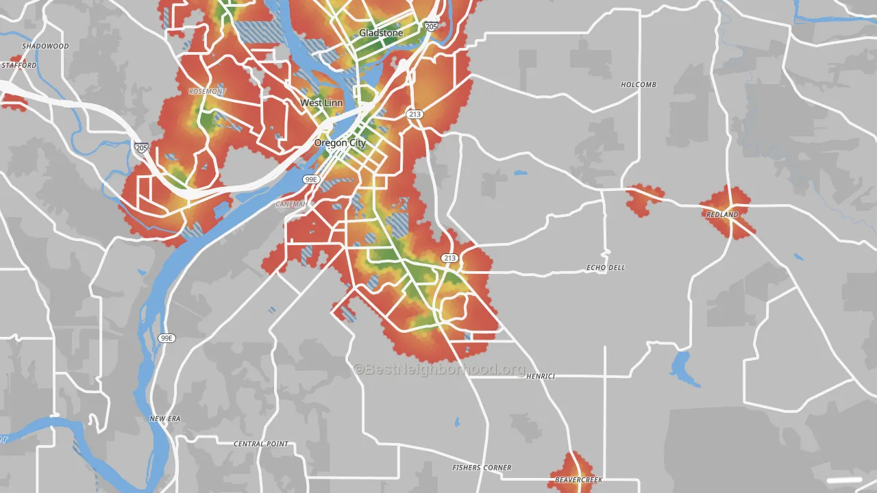 Walk Grade map of Oregon City, OR, walkable areas in green and car-dependent areas in red