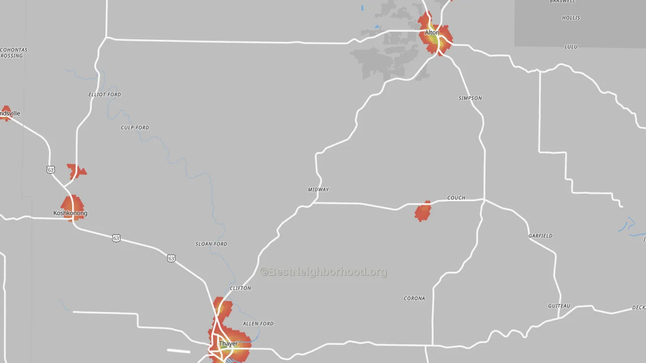 Walk Grade map of Oregon County, MO, walkable areas in green and car-dependent areas in red