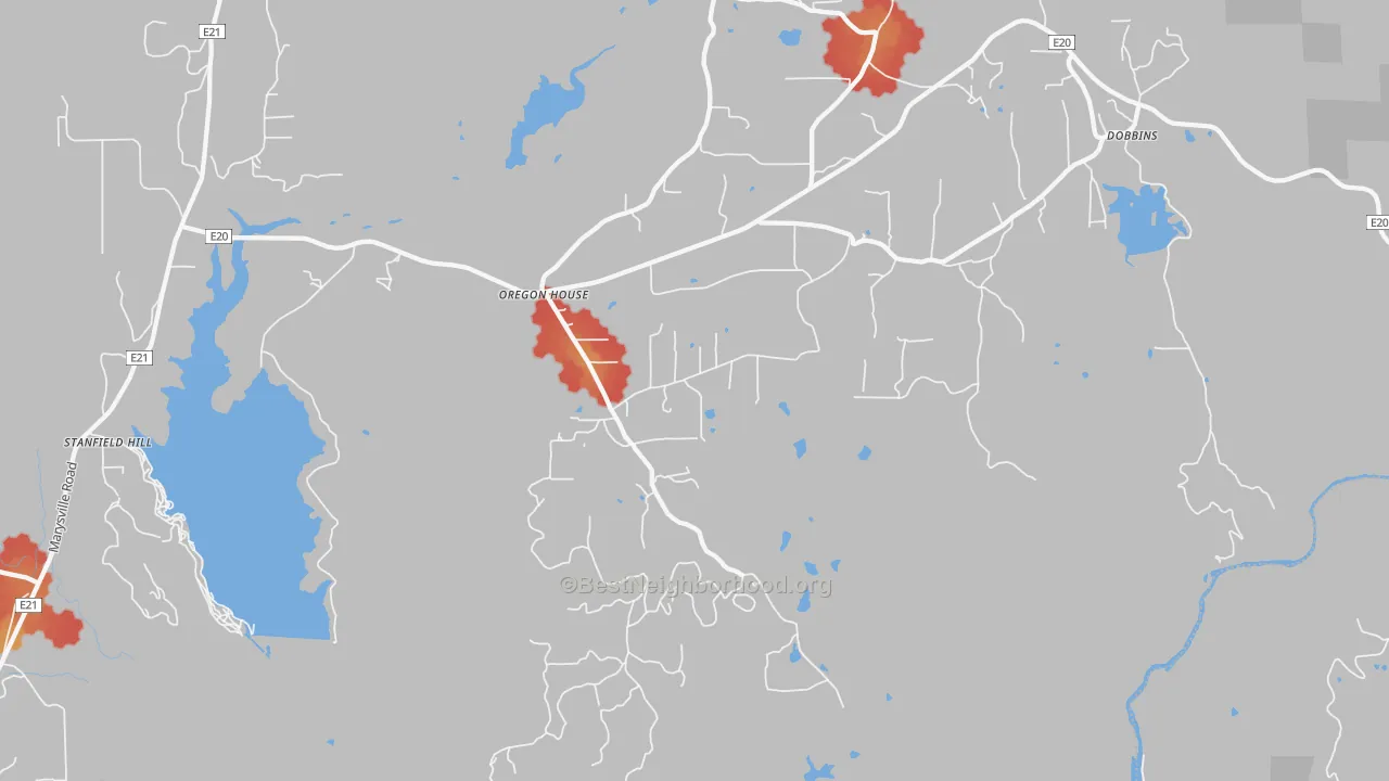 Walk Grade map of Oregon House, CA, walkable areas in green and car-dependent areas in red