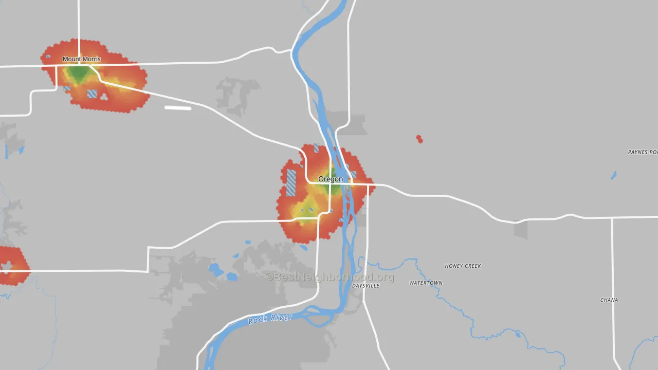 Walk Grade map of Oregon, IL, walkable areas in green and car-dependent areas in red