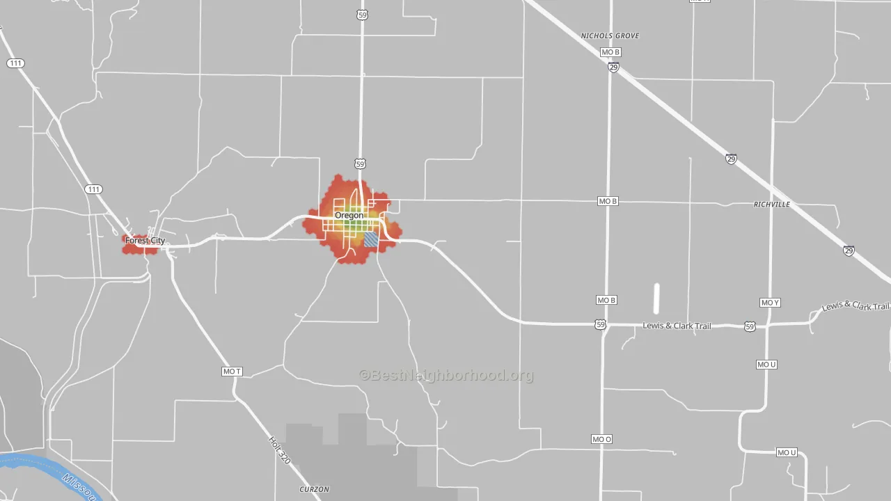 Walk Grade map of Oregon, MO, walkable areas in green and car-dependent areas in red
