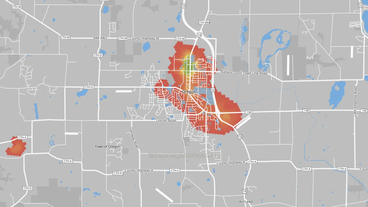 Walk Grade map of Oregon, WI, walkable areas in green and car-dependent areas in red