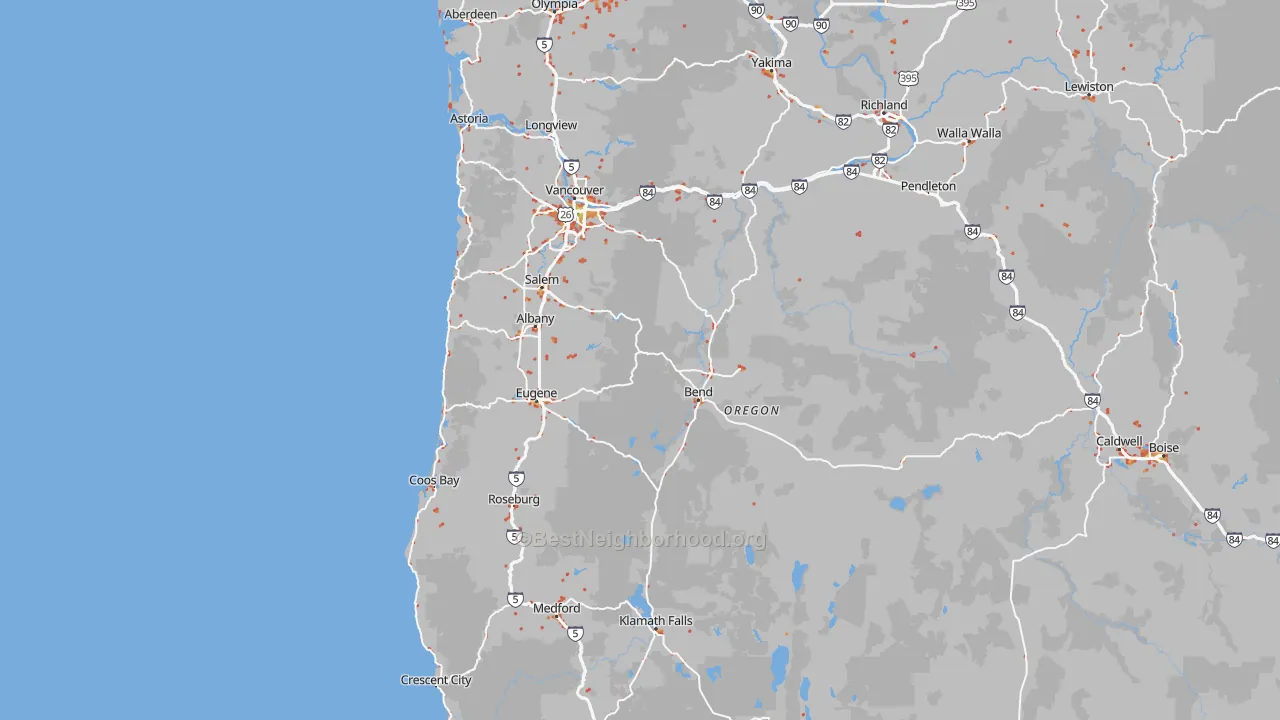 Walk Grade map of Oregon, walkable areas in green and car-dependent areas in red